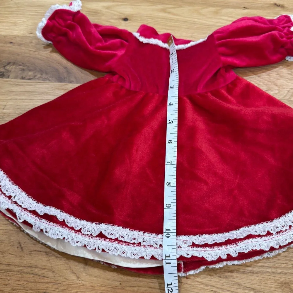 Vtg 1990s Baby Red Velvet Doll Dress White Lace Trim Holiday Christmas Snap Back